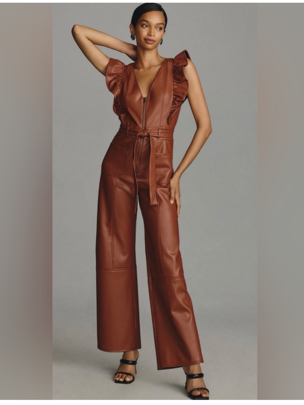Maeve The Colette Faux Leather Cropped Wide-Leg Jumpsuit Size 8 US Brown Ruffle